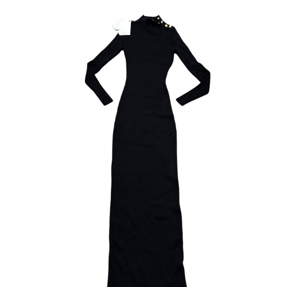 Balmain NWT Black Ribbed Long Sleeve Maxi Dress with Gold Button Details